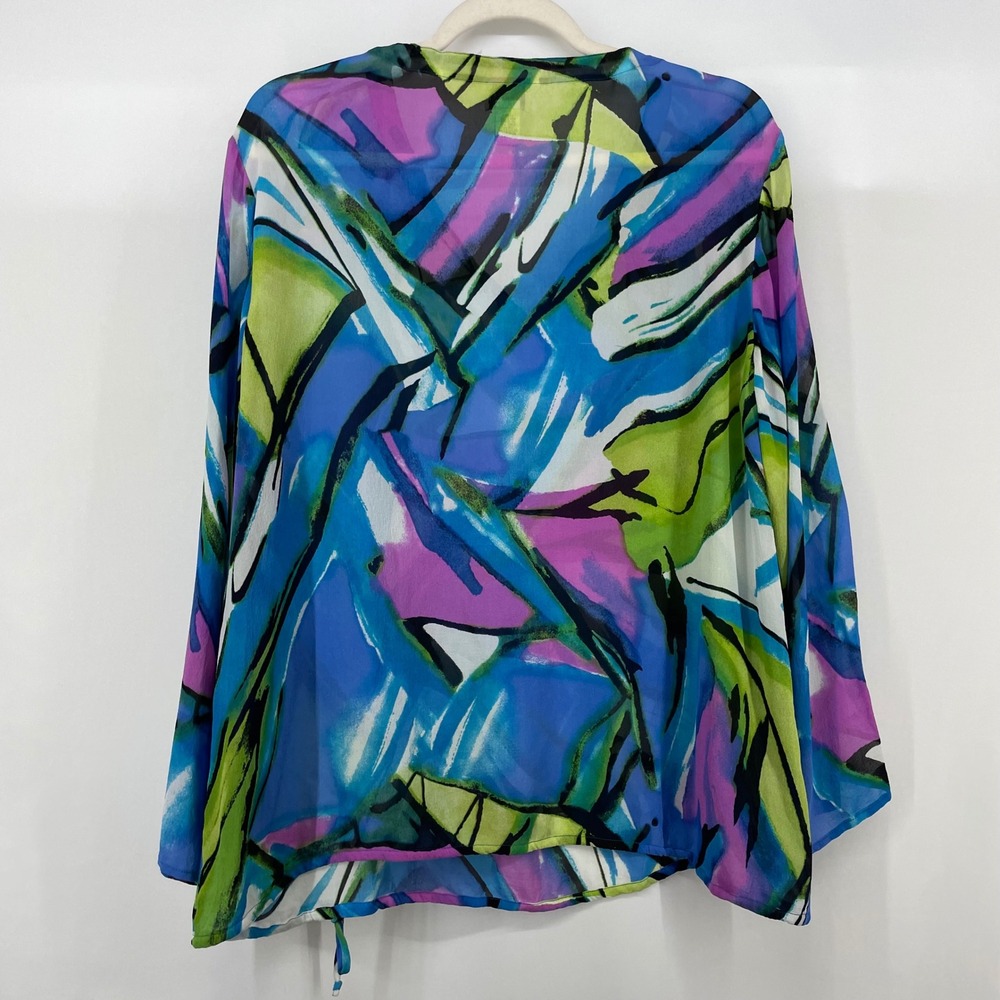 Chico's Size 2 Large 100% Silk‎ Blouse Blue Green Abstract Print Top 100% Silk - Picture 6 of 7
